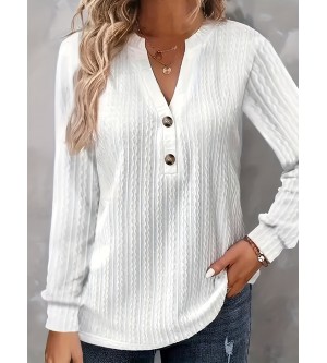 Women's Textured Button Front V Neck Long Sleeve T-Shirt - Casual Spring & Fall Top