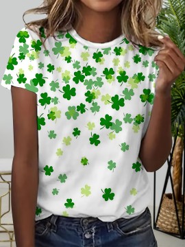 Clover Print Crew Neck T-Shirt, Casual Short Sleeve T-Shirt For Spring & Summer, Women's Clothing, St. Patrick's Day