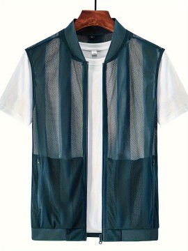 Men's Solid Sleeveless And Zipper Down Vest Jacket With Zippered Pockets And Novel Design Hollow Fabric, Versatile And Breathable Jacket For Outdoors Activities