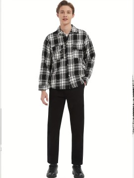 Men's Button Down Loose Fit Long Sleeve Thick Plaid Casual Shirt Jacket black and white checkerboard 02